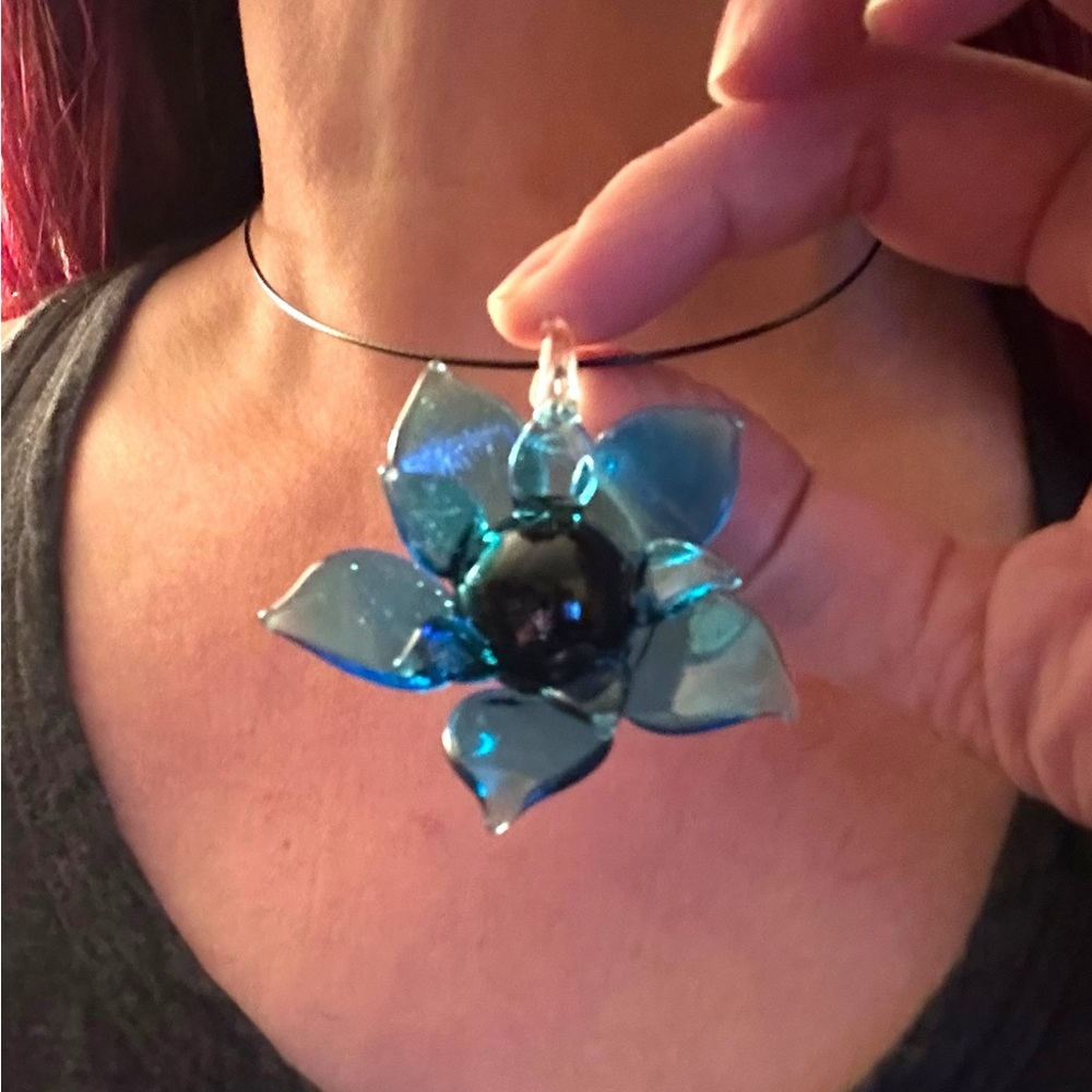 Handmade Necklace Lotus Flower Blue Aqua Glass Statement Piece New - Picture 3 of 9
